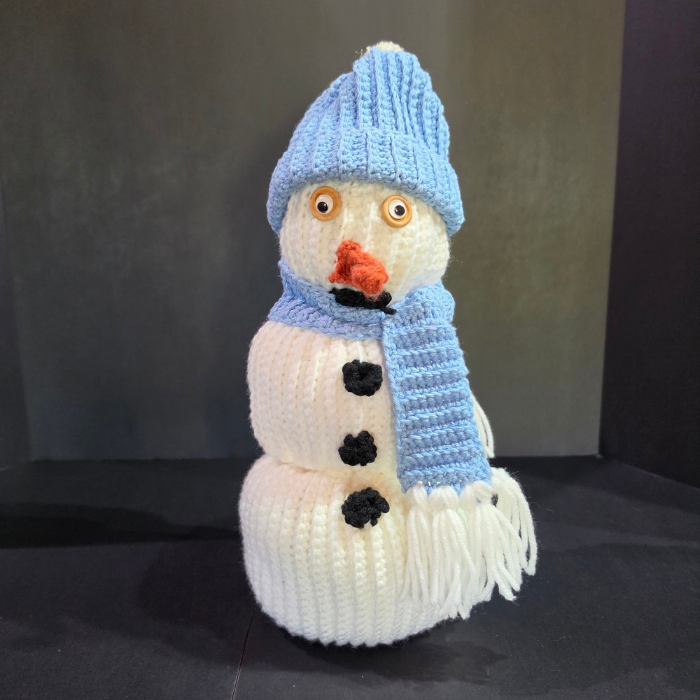 Handmade Crochet Snowman Plush Winter Holiday Decor with Blue Hat & Scarf
